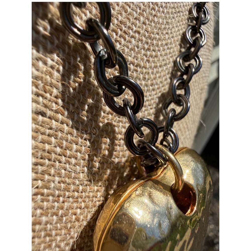 Express signed Chunky Gunmetal Chain Hammered Gold Heart Statement Necklace 36" - Picture 11 of 12